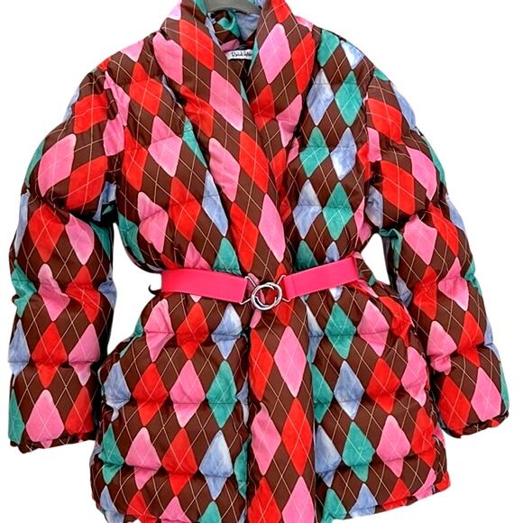 $451 RACHEL ANTONOFF argyle plaid belted puffer jacket S - Picture 2 of 11